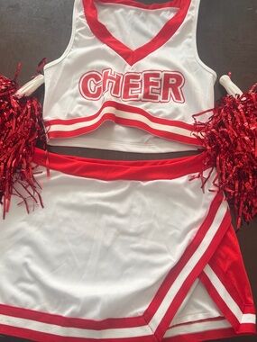 White & Red Cheer Two-Piece Set with Pom-Poms